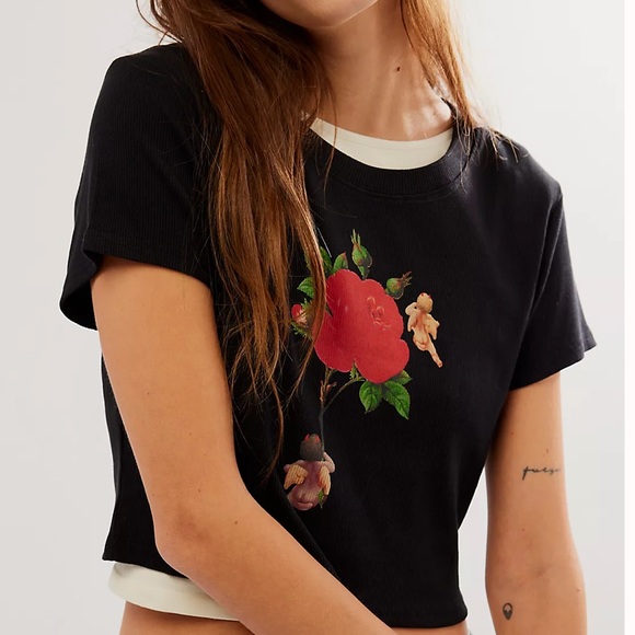 FREE PEOPLE BOYS LIE RISING ANGELS CROPPED BLACK TEE LARGE - Picture 2 of 6
